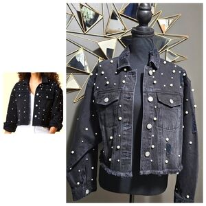 NWT Versona Black Denim with Fraye and Pearl EmbellishedCrop Jacket